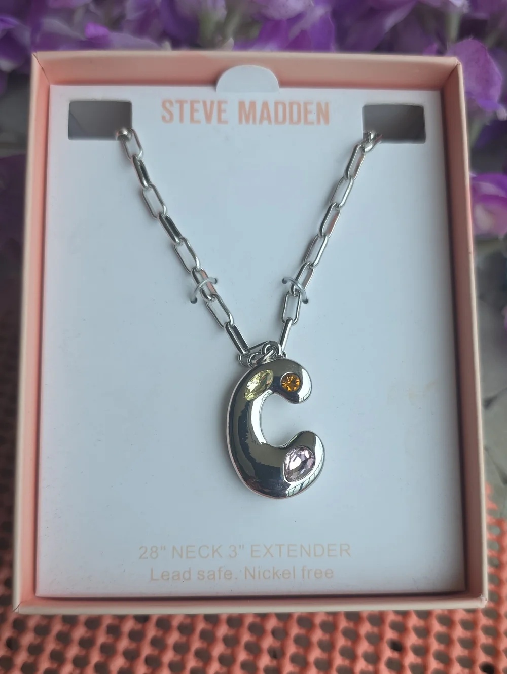 FunSteve Madden Silver 'C' Pendant Necklace w/ Amber Stone Accents